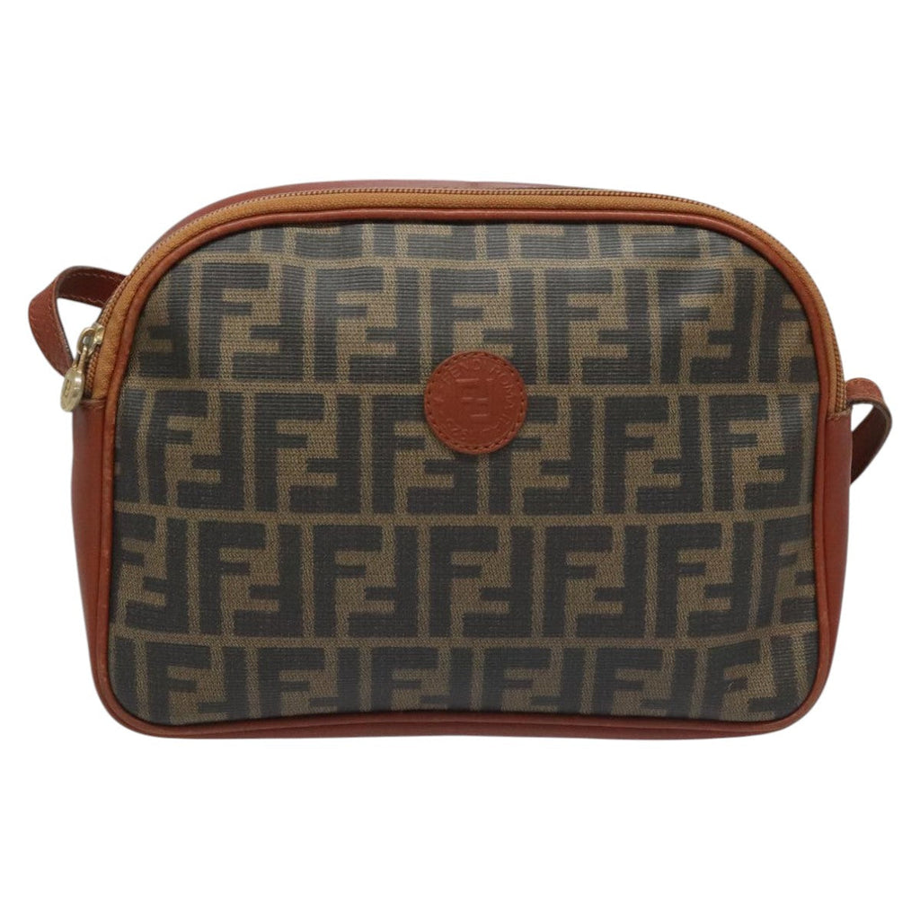FENDI Zucca Canvas Shoulder Bag PVC Leather Brown Black gold 111885