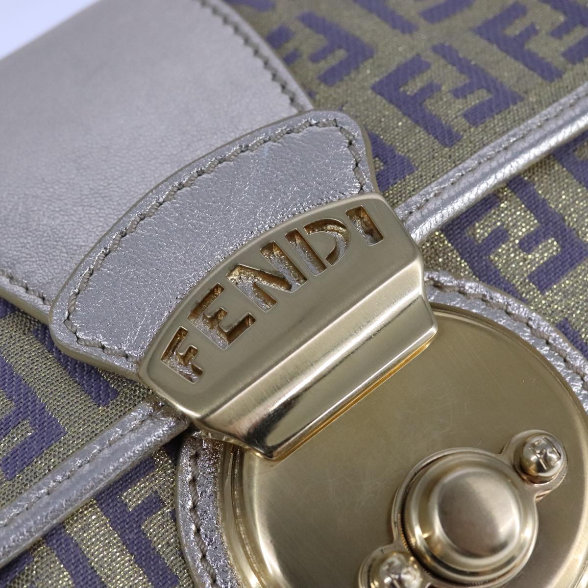 FENDI Zucchino Canvas Shoulder Bag Gold Purple 112288