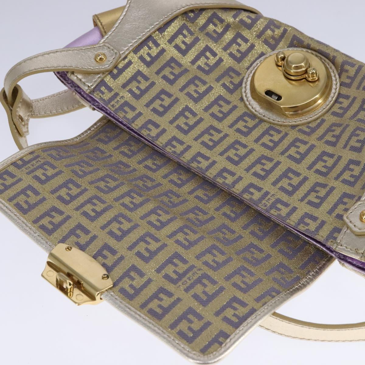 FENDI Zucchino Canvas Shoulder Bag Gold Purple 112288
