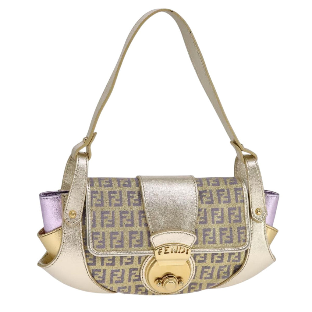 FENDI Zucchino Canvas Shoulder Bag Gold Purple 112288