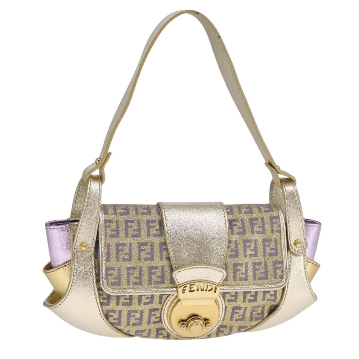 FENDI Zucchino Canvas Shoulder Bag Gold Purple 112288