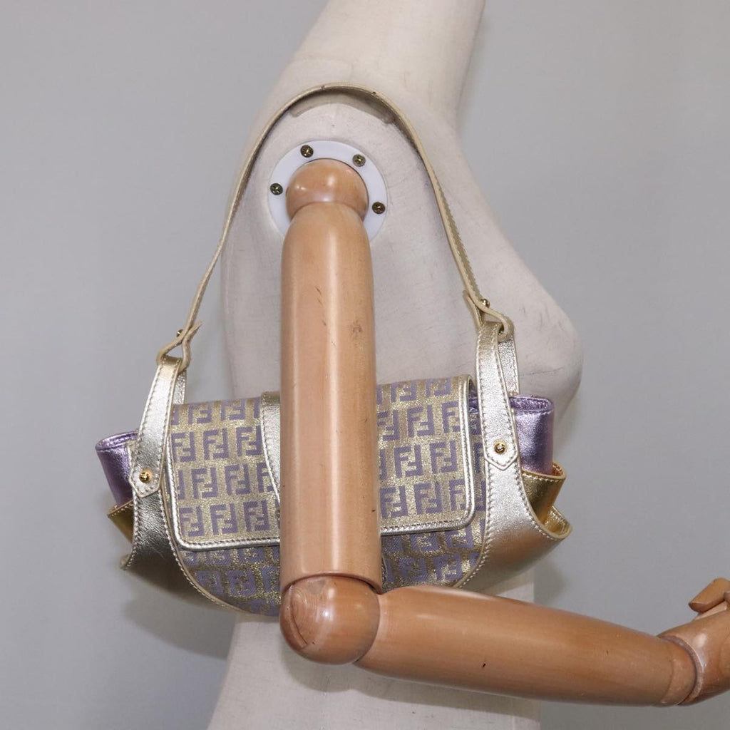 FENDI Zucchino Canvas Shoulder Bag Gold Purple 112288