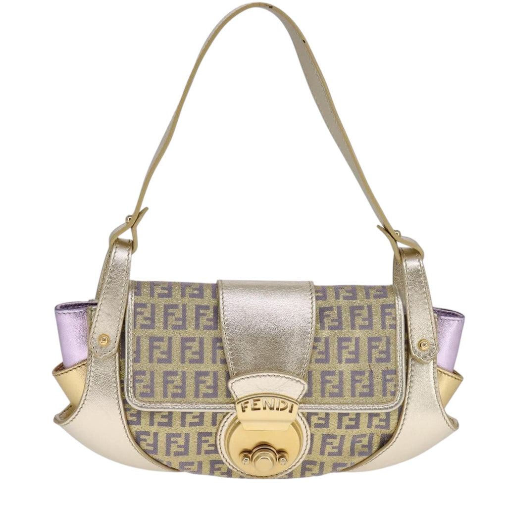 FENDI Zucchino Canvas Shoulder Bag Gold Purple 112288