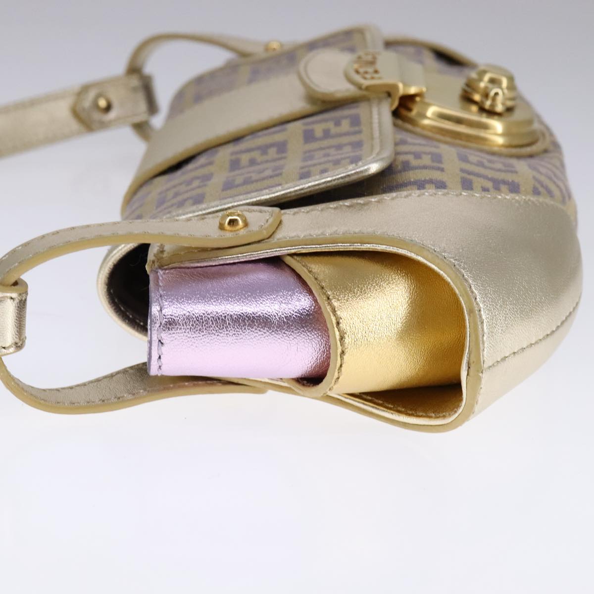 FENDI Zucchino Canvas Shoulder Bag Gold Purple 112288