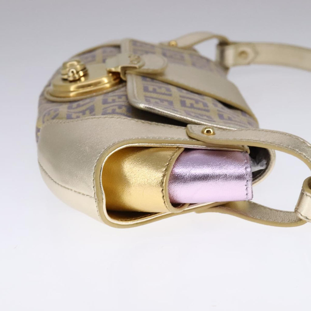 FENDI Zucchino Canvas Shoulder Bag Gold Purple 112288