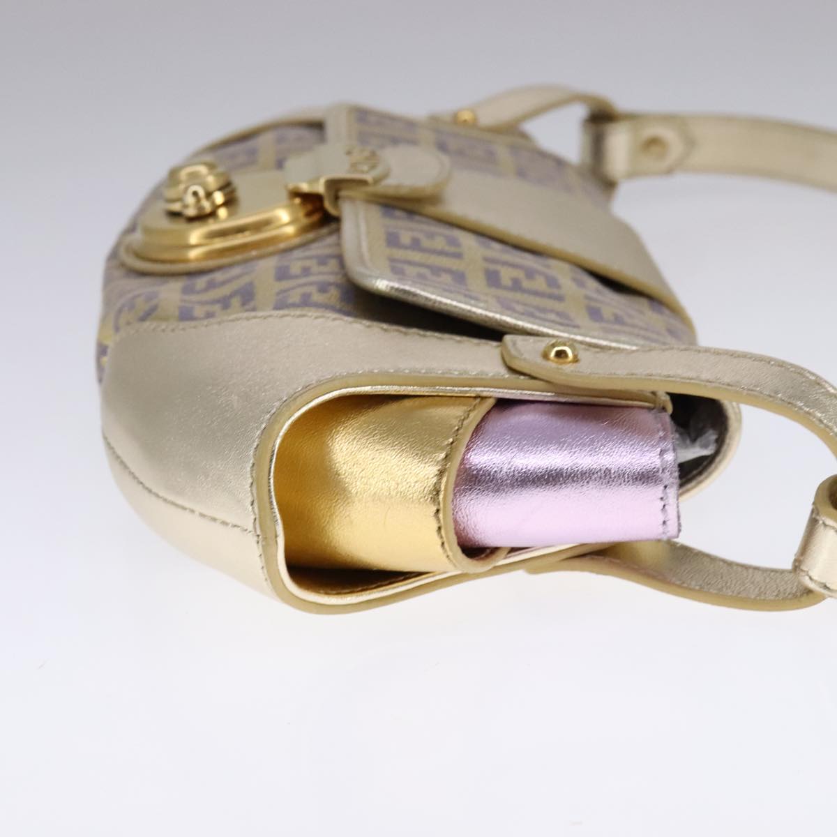 FENDI Zucchino Canvas Shoulder Bag Gold Purple 112288