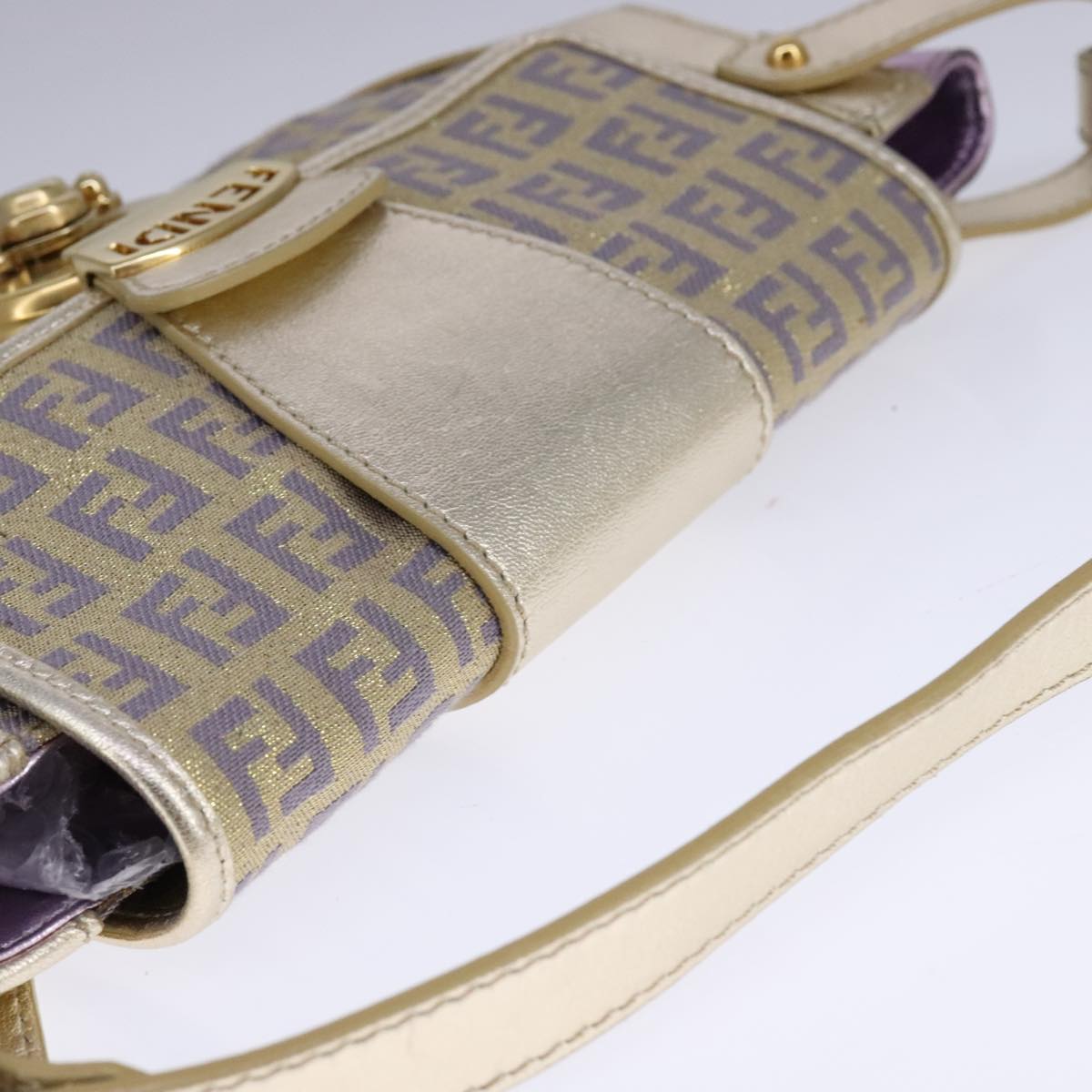FENDI Zucchino Canvas Shoulder Bag Gold Purple 112288