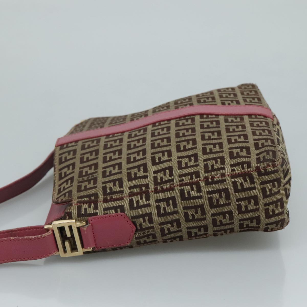 FENDI Zucchino Canvas Shoulder Bag Beige Gold 112386