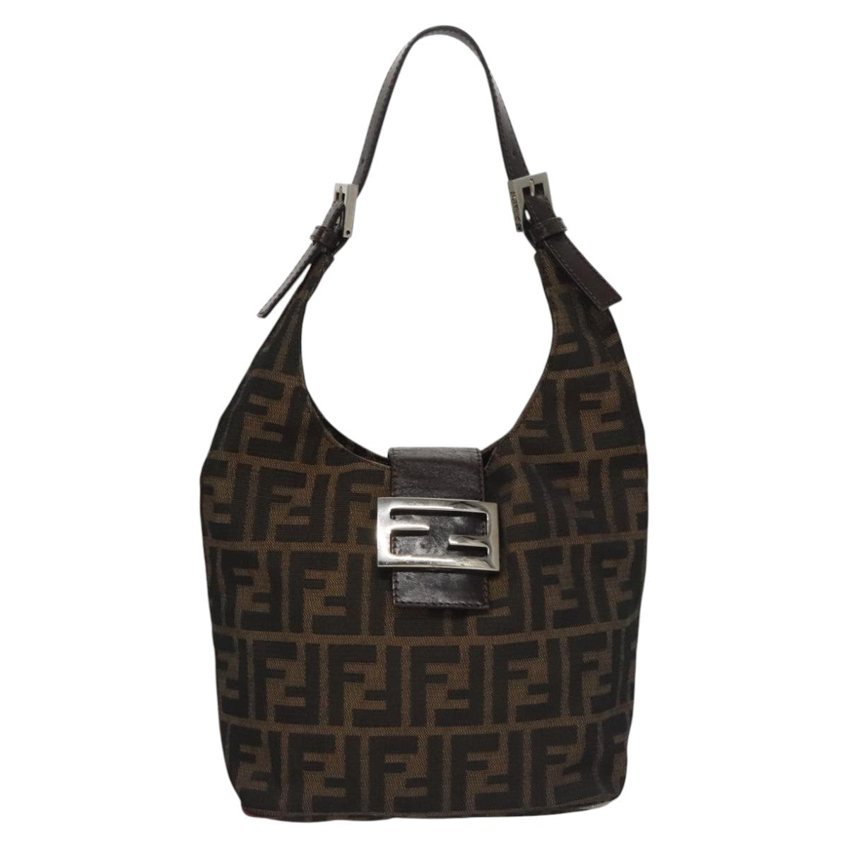 FENDI Zucca Canvas Mamma Baguette Shoulder Bag Brown Black Silver 112458