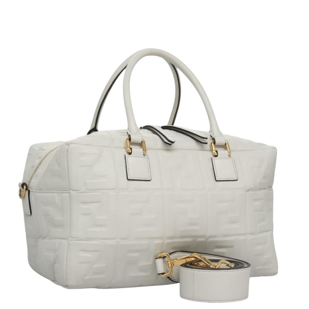 FENDI Zucca Canvas Hand Bag Leather 2way White Gold 113157