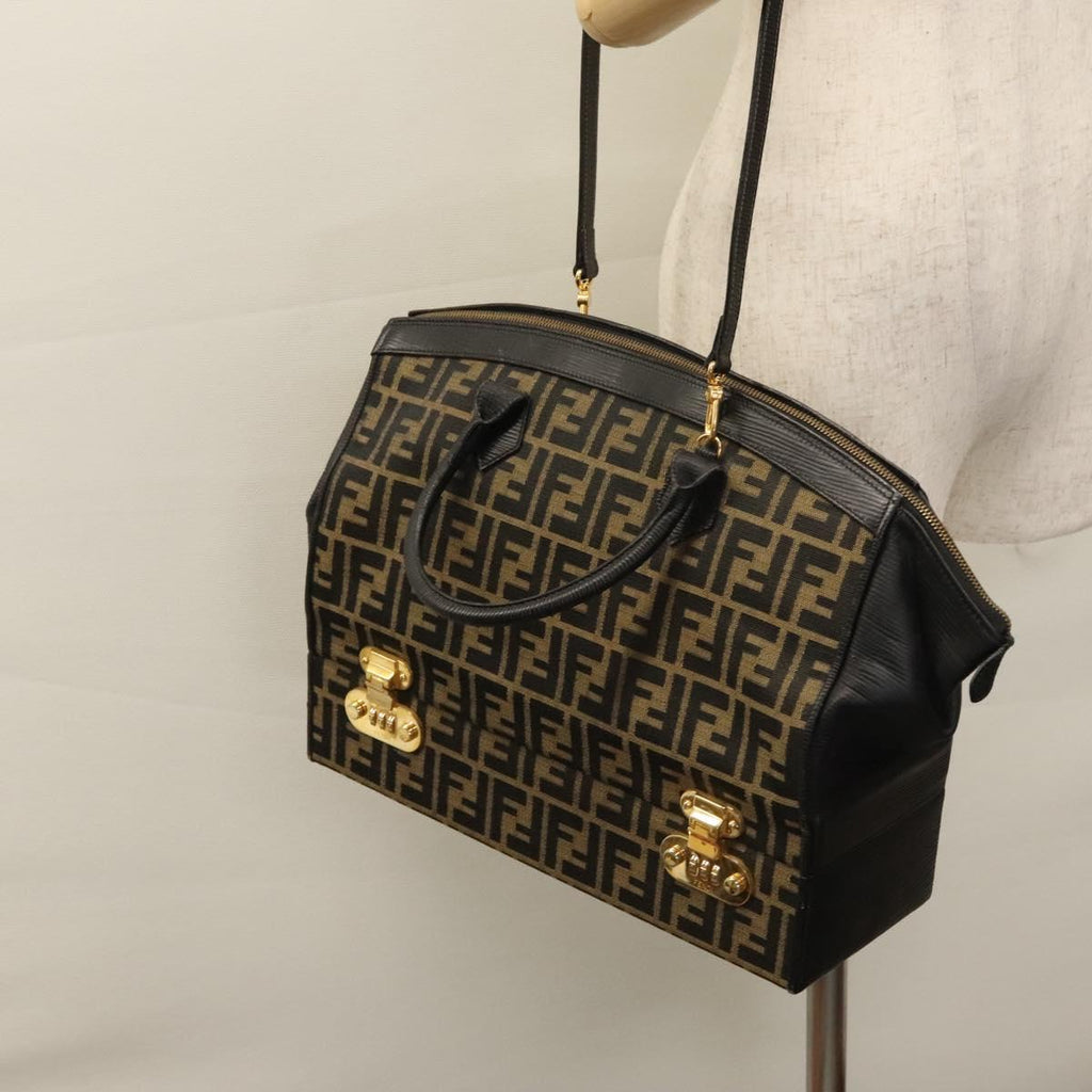 FENDI Zucca Canvas Hand Bag 2way Brown Black gold 113513