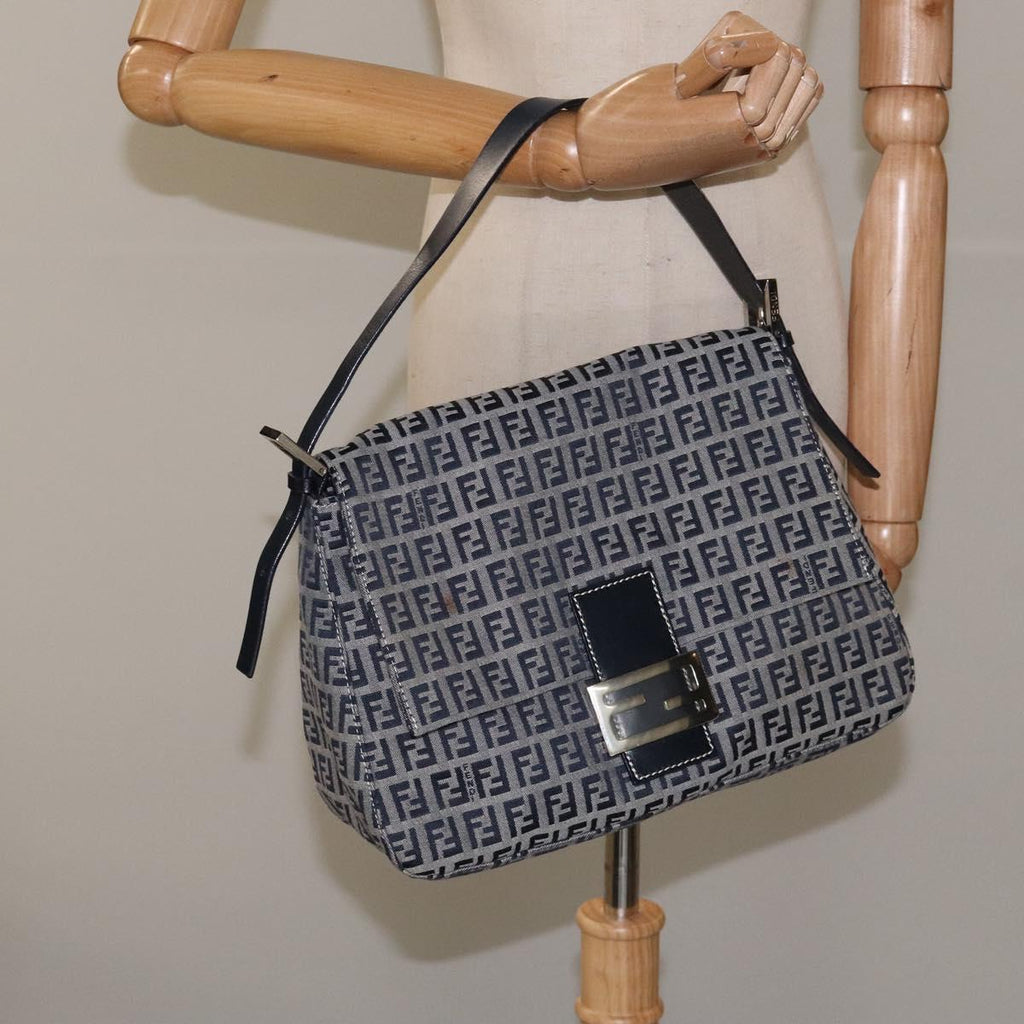 FENDI Zucchino Canvas Mamma Baguette Shoulder Bag Navy 113562