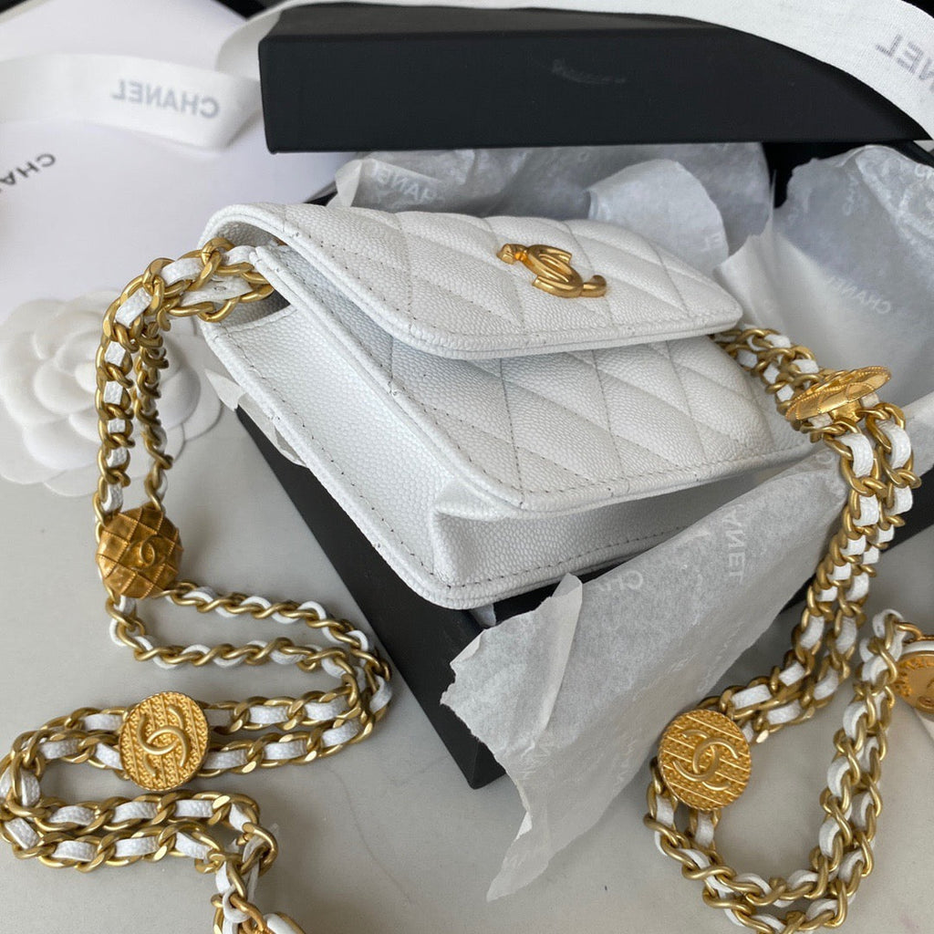 CHL Clutch With Chain Gold Hardware Grained Shinny White For Women, Women’s Handbags, Shoulder Bags 4.7in/12cm AP2857