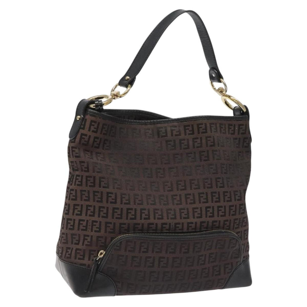 FENDI Zucchino Canvas Shoulder Bag Black 114485
