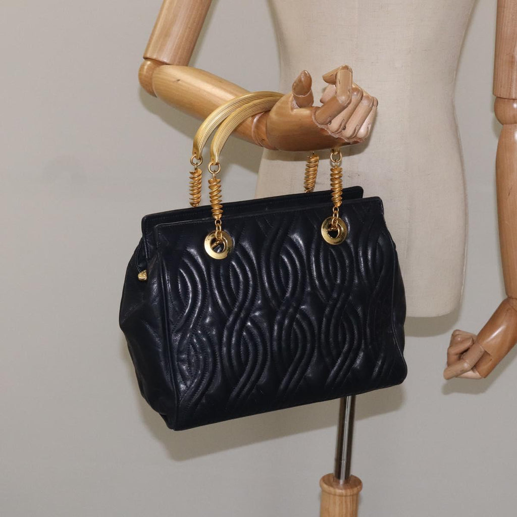FENDI Hand Bag Leather metal Navy Gold 115547