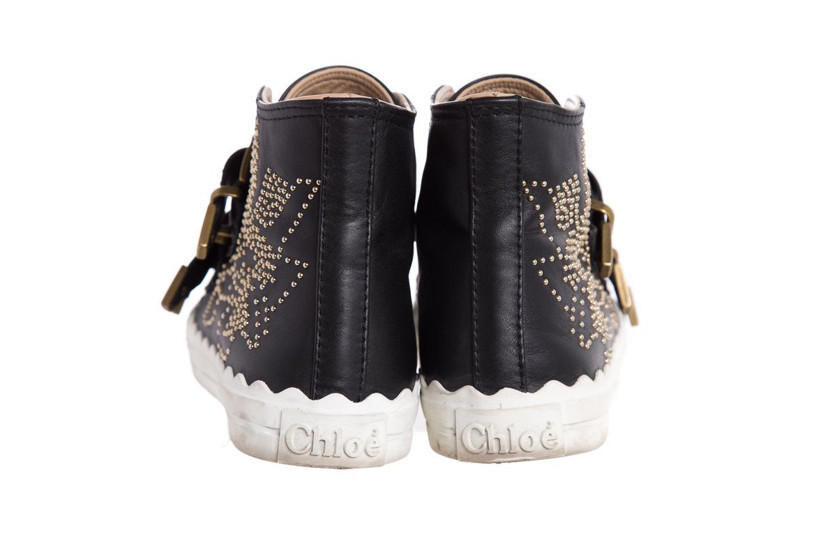 ChloÃƒÆ’Ã‚Â© Black Leather Studded Buckle High-Top Sneakers SZ 37