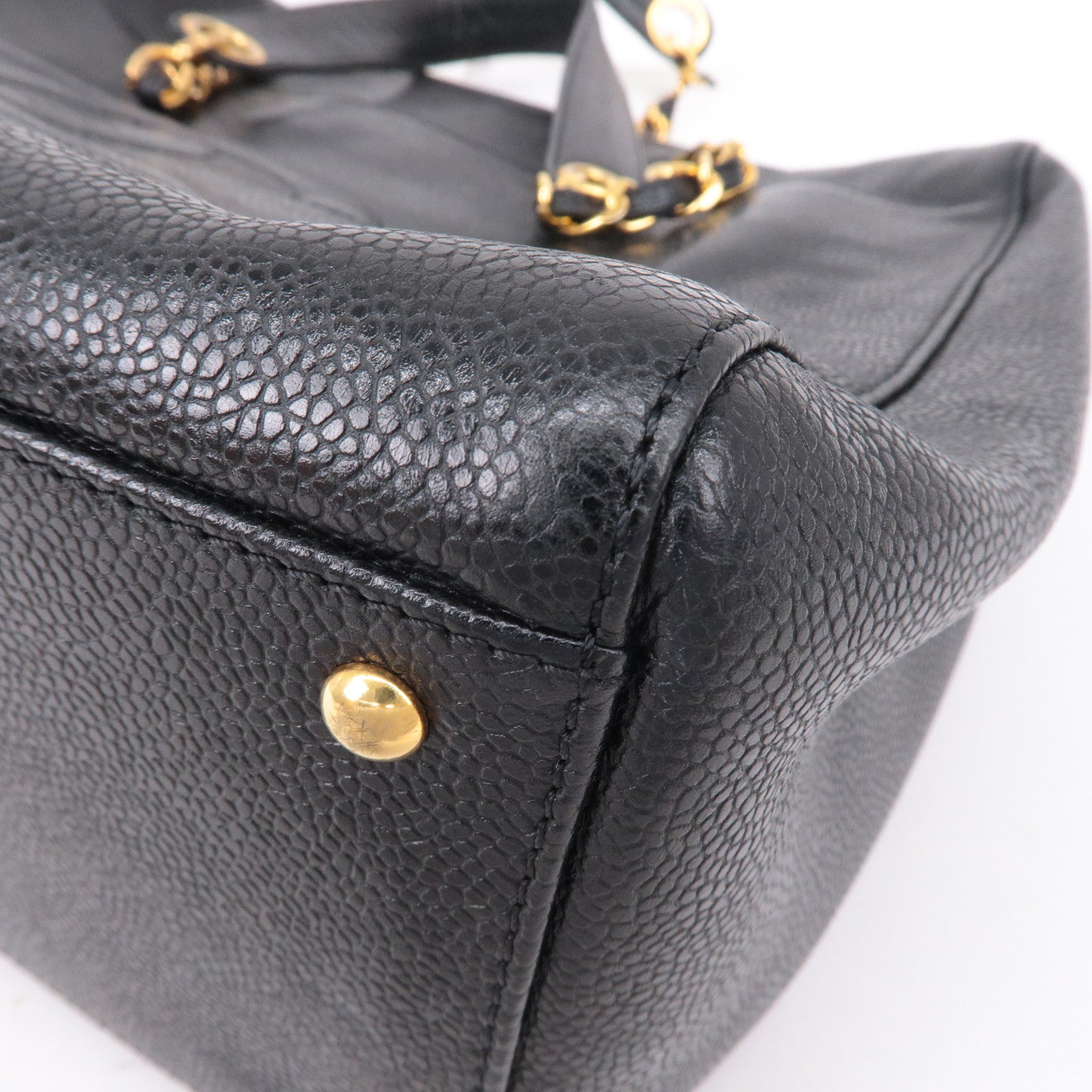 CHANEL Caviar Skin Chain Tote Bag Shoulder Bag Gold Black