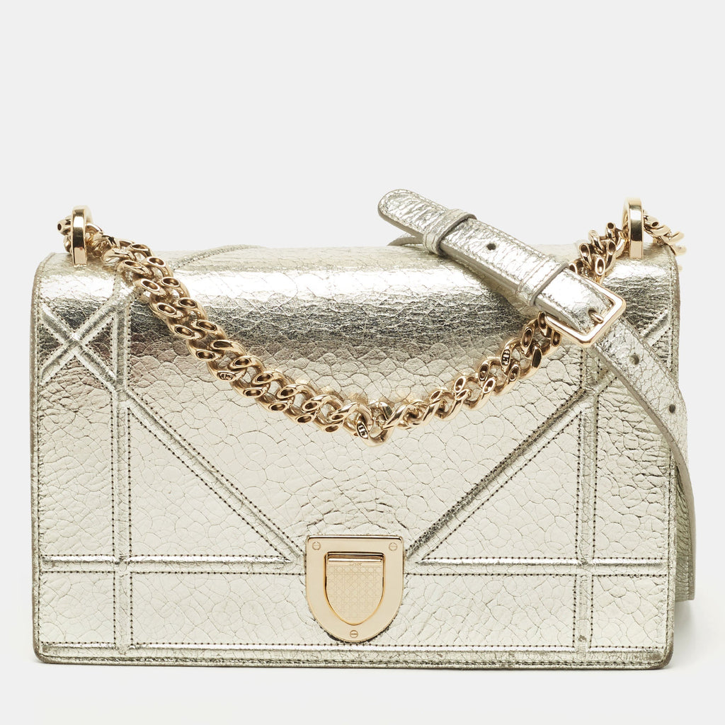 Dior Silver Leather Medium Diorama Flap Shoulder Bag