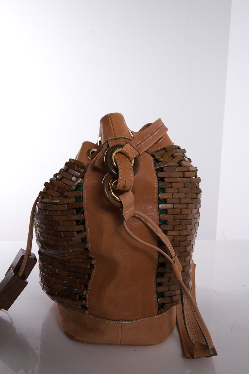 The Nomadic Collector Tan/Brown/Green Wooden Beaded Bucket Bag