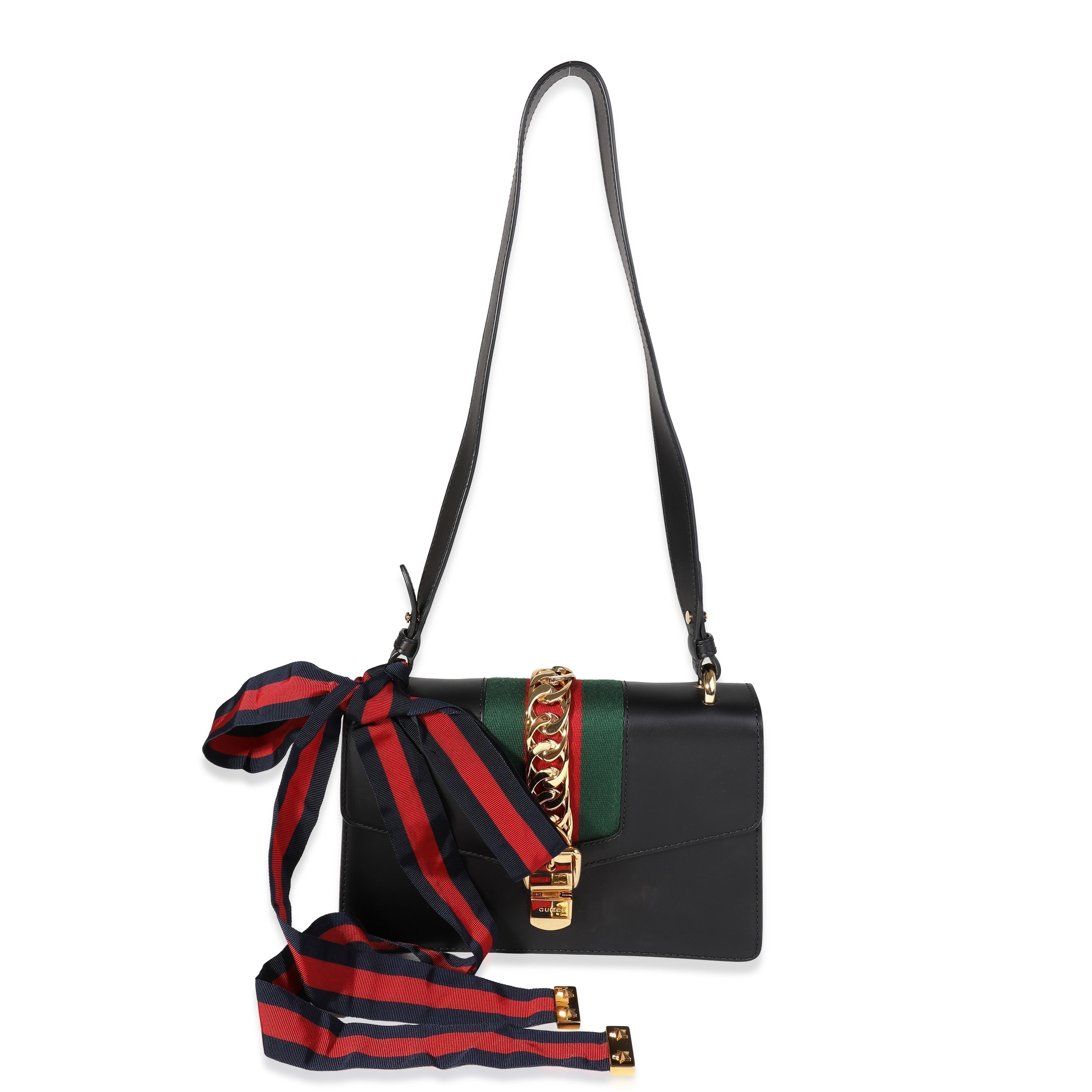GUCCI Black Smooth Leather & Web Small Sylvie Shoulder Bag
