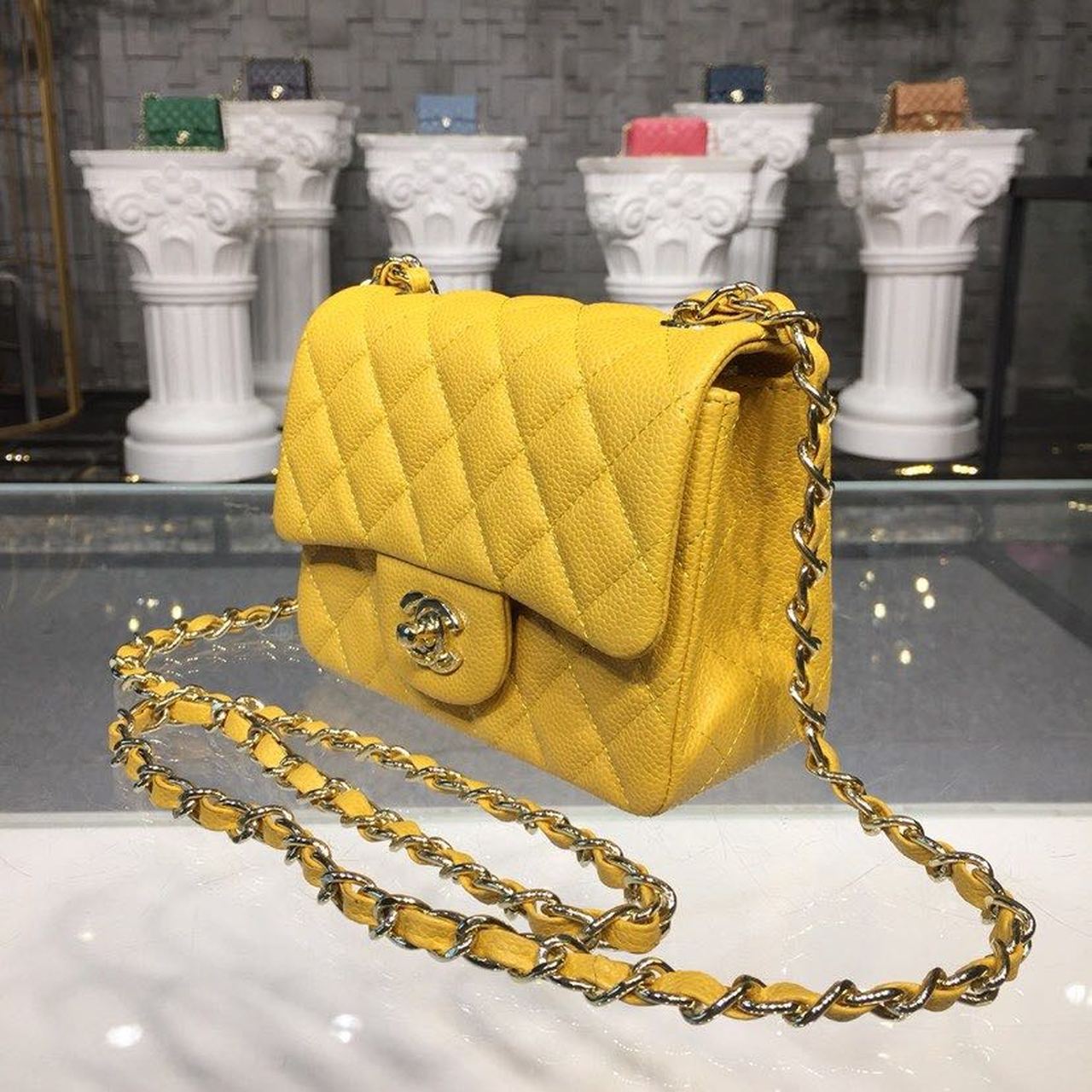 CHLMini Flap Bag Caviar Yellow For Women, Women’s Bags, Shoulder And Crossbody Bags 6.7in/17cm A35200