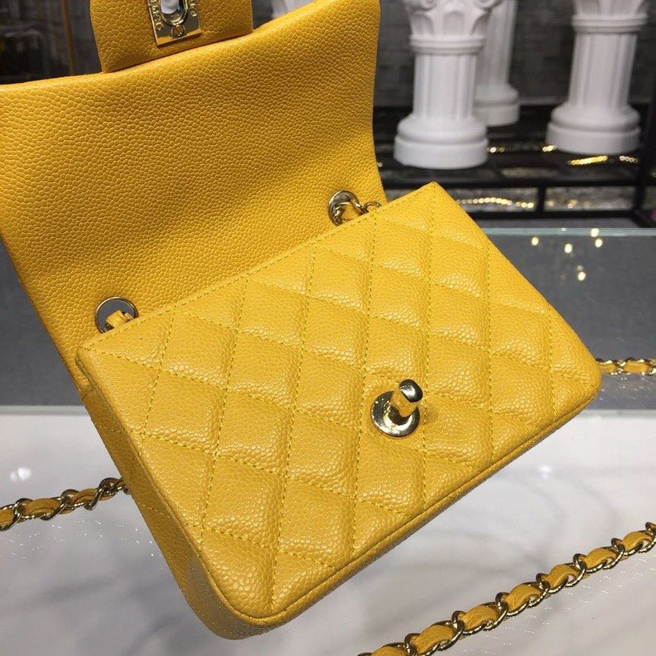 CHLMini Flap Bag Caviar Yellow For Women, Women’s Bags, Shoulder And Crossbody Bags 6.7in/17cm A35200