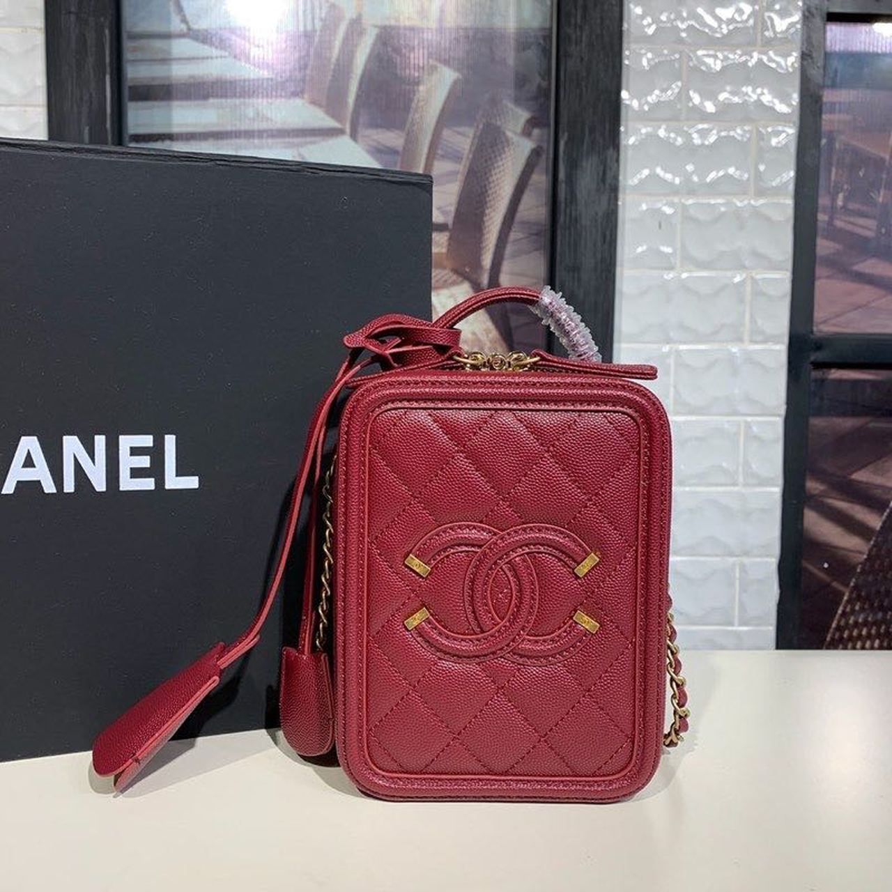CHL Filigree Vertical Vanity Case Bag Burgundy For Women, Women’s Handbags, Shoulder And Crossbody Bags 6.7in/17cm