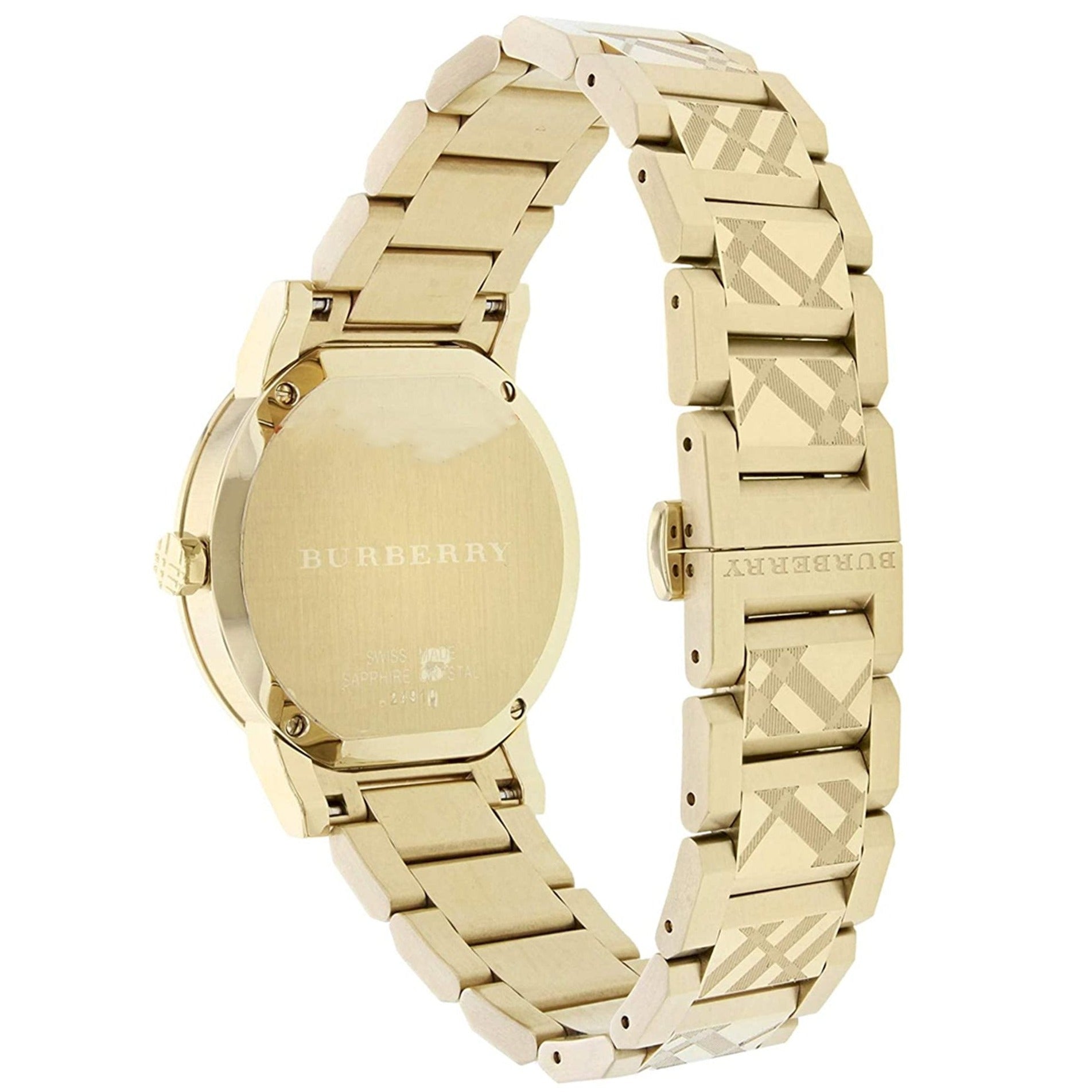 Burberry Ladies The City Engraved Checked Gold Watch BU9038