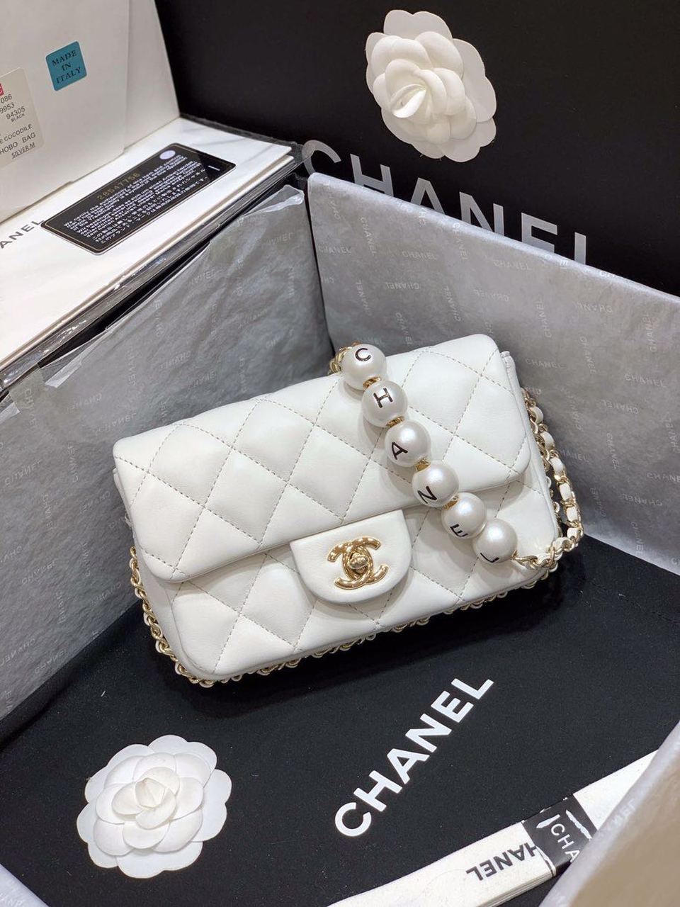 CHLSmall Pearl Logo Strap Flap Bag White For Women, Women’s Handbags, Shoulder And Crossbody Bags 7in/18cm AS1436