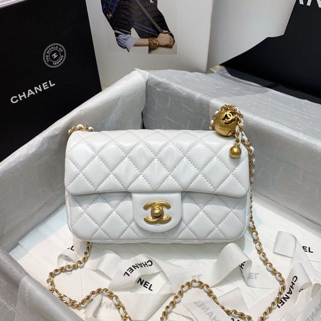 CHLFlap Bag With CHLBall On Strap White For Women, Women’s Handbags, Shoulder And Crossbody Bags 7.8in/20cm AS1787