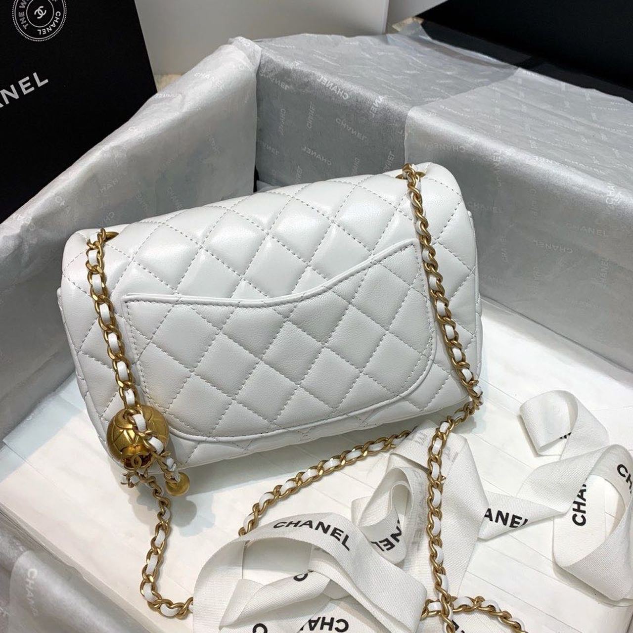 CHLFlap Bag With CHLBall On Strap White For Women, Women’s Handbags, Shoulder And Crossbody Bags 7.8in/20cm AS1787