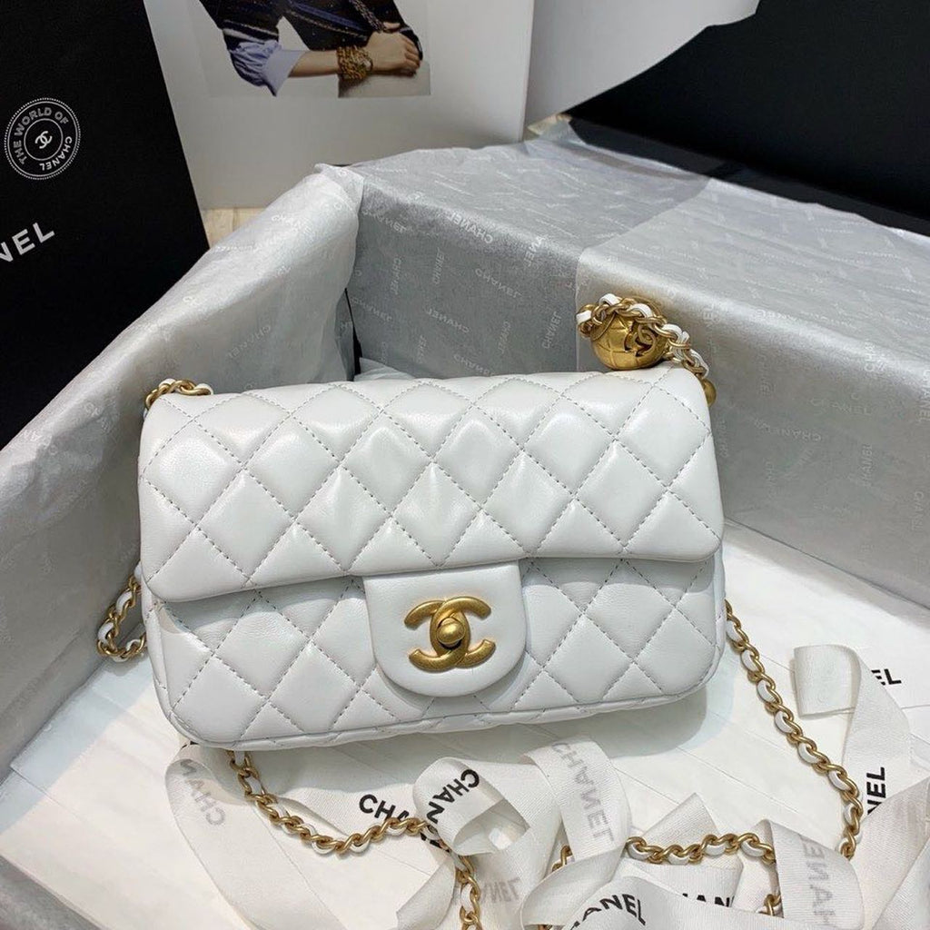 CHLFlap Bag With CHLBall On Strap White For Women, Women’s Handbags, Shoulder And Crossbody Bags 7.8in/20cm AS1787