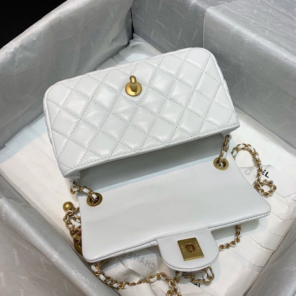CHLFlap Bag With CHLBall On Strap White For Women, Women’s Handbags, Shoulder And Crossbody Bags 7.8in/20cm AS1787