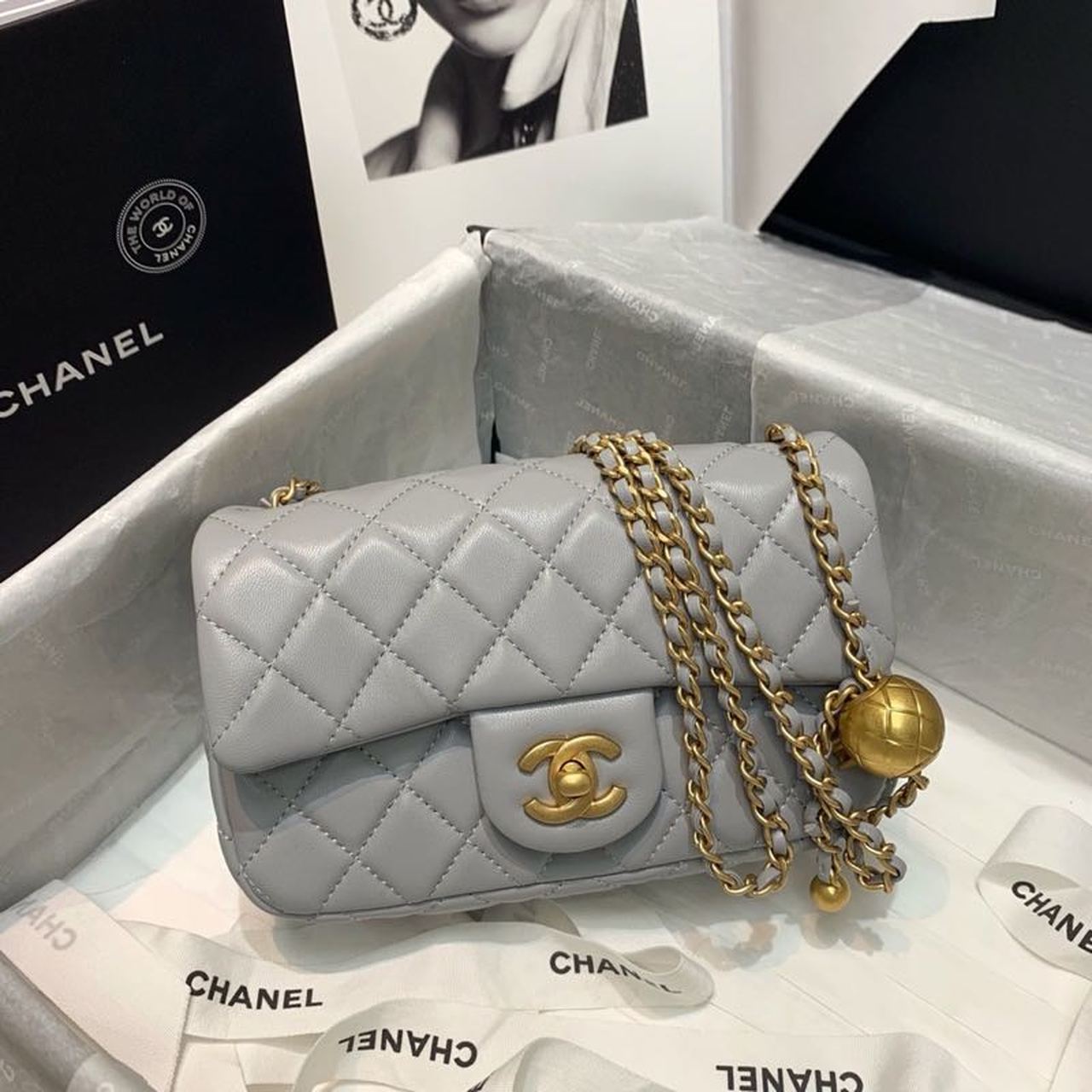 CHLFlap Bag With CHLBall On Strap Grey For Women, Women’s Handbags, Shoulder And Crossbody Bags 7.8in/20cm AS1787
