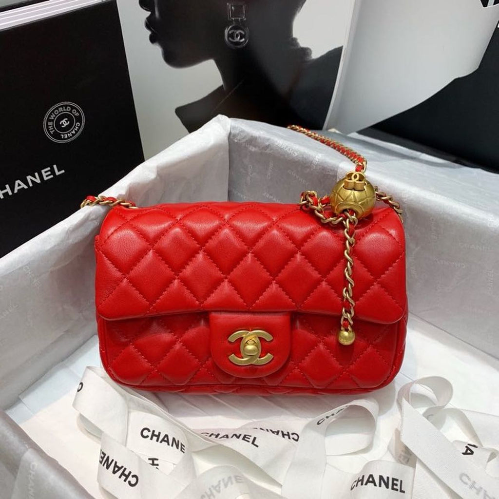 CHLFlap Bag With CHLBall On Strap Red For Women, Women’s Handbags, Shoulder And Crossbody Bags 7.8in/20cm AS1787
