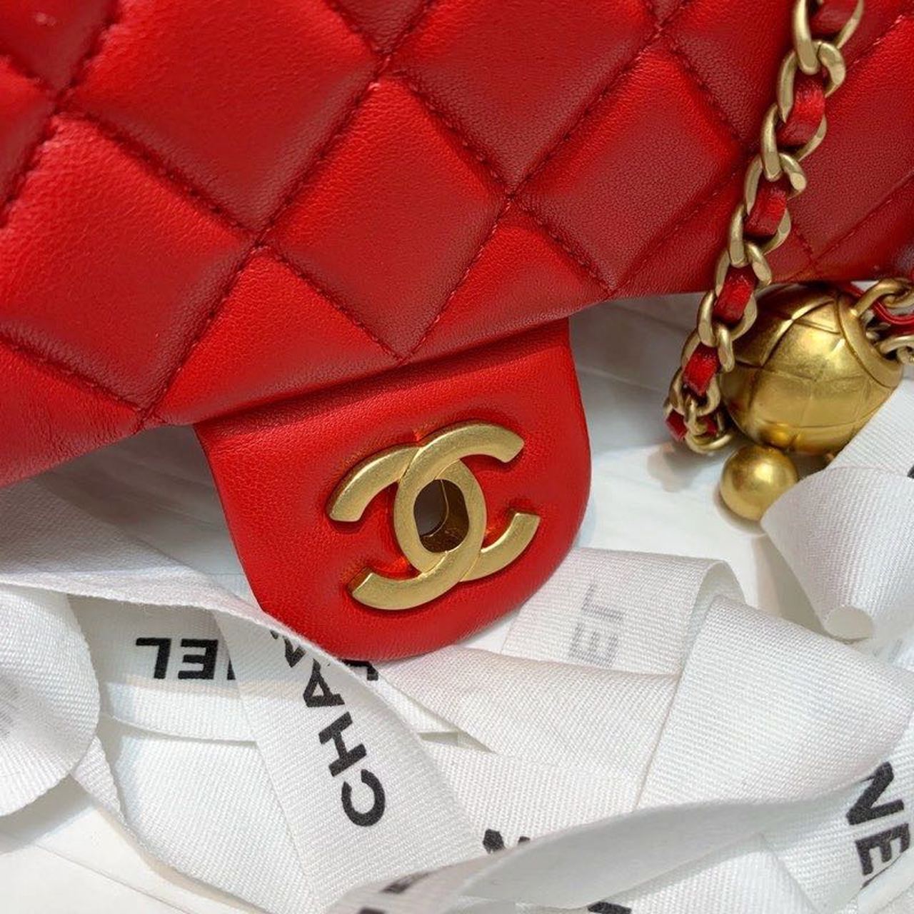 CHLFlap Bag With CHLBall On Strap Red For Women, Women’s Handbags, Shoulder And Crossbody Bags 7.8in/20cm AS1787
