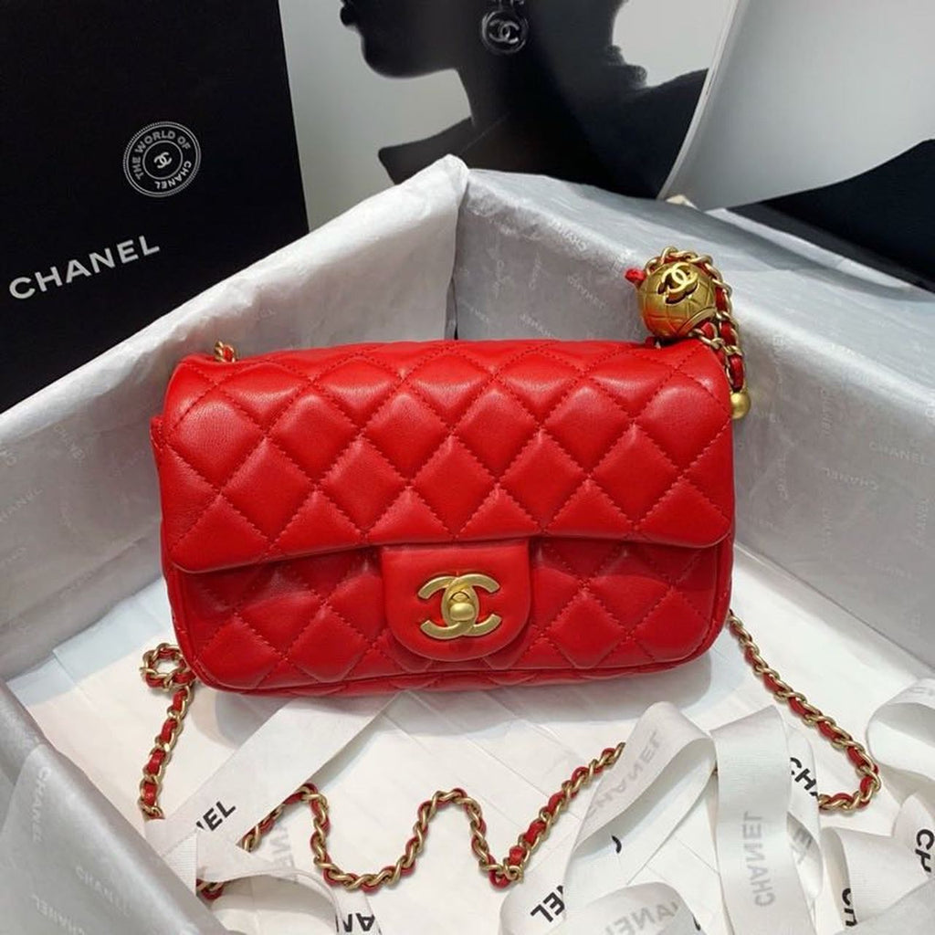 CHLFlap Bag With CHLBall On Strap Red For Women, Women’s Handbags, Shoulder And Crossbody Bags 7.8in/20cm AS1787