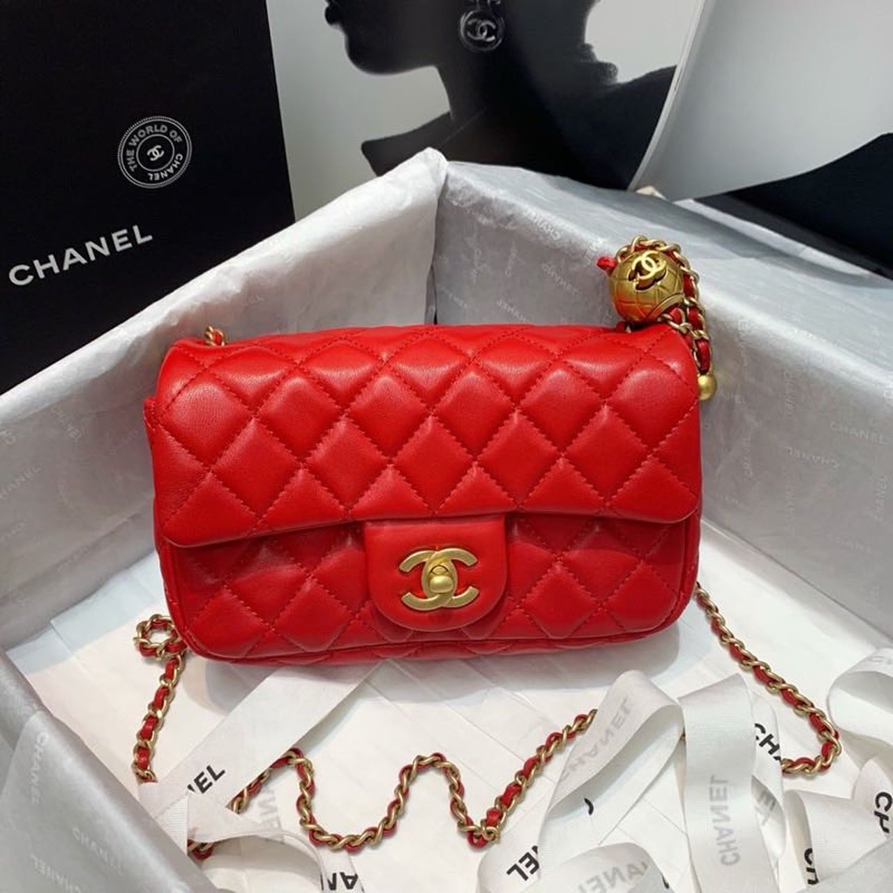 CHLFlap Bag With CHLBall On Strap Red For Women, Women’s Handbags, Shoulder And Crossbody Bags 7.8in/20cm AS1787