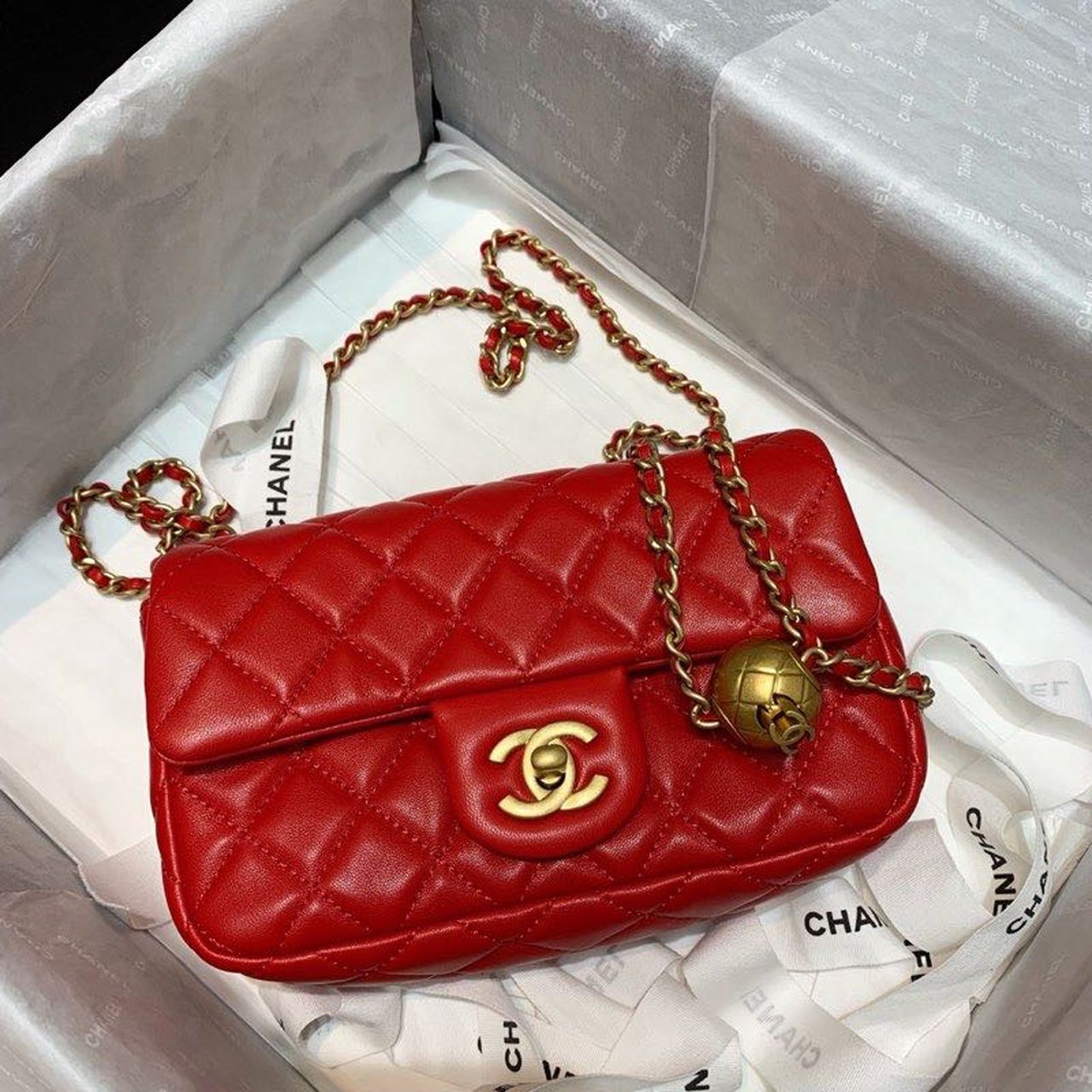 CHLFlap Bag With CHLBall On Strap Red For Women, Women’s Handbags, Shoulder And Crossbody Bags 7.8in/20cm AS1787