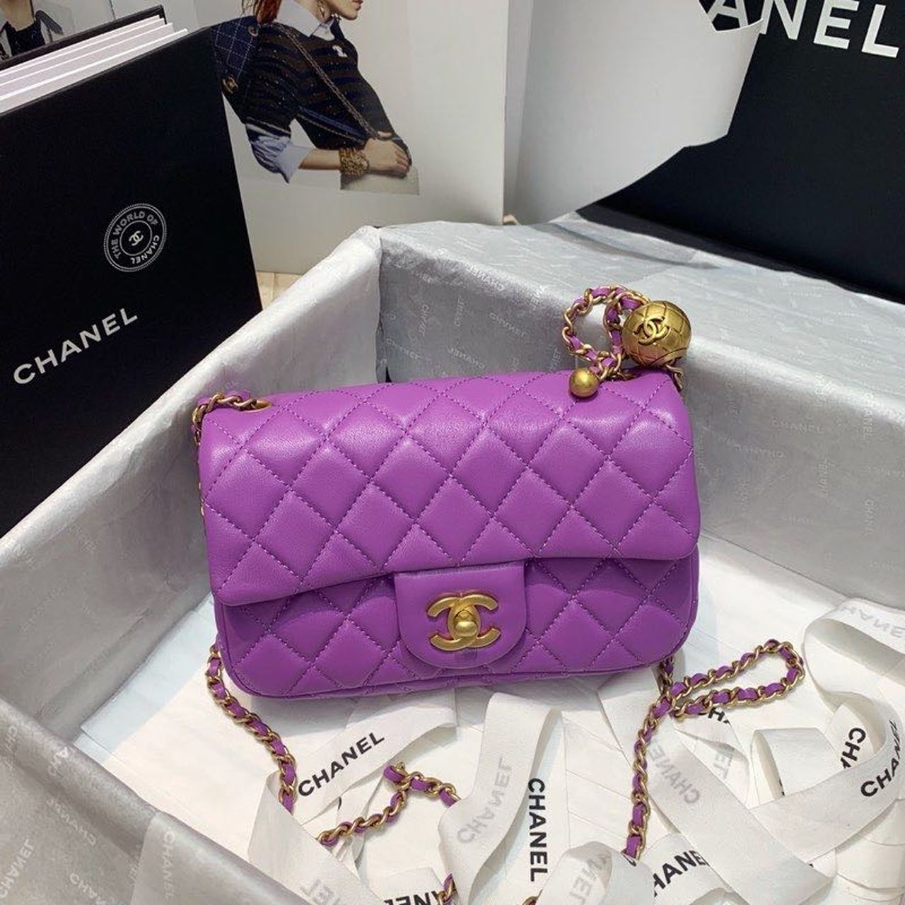 CHLFlap Bag With CHLBall On Strap Purple For Women, Women’s Handbags, Shoulder And Crossbody Bags 7.8in/20cm AS1787