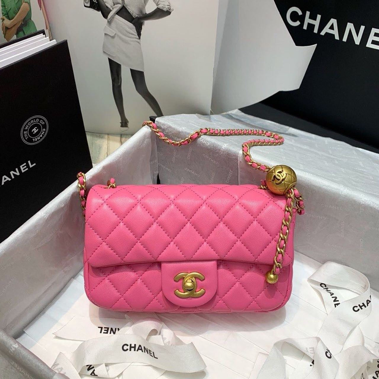 CHLFlap Bag With CHLBall On Strap PiNike For Women, Women’s Handbags, Shoulder And Crossbody Bags 7.8in/20cm AS1787