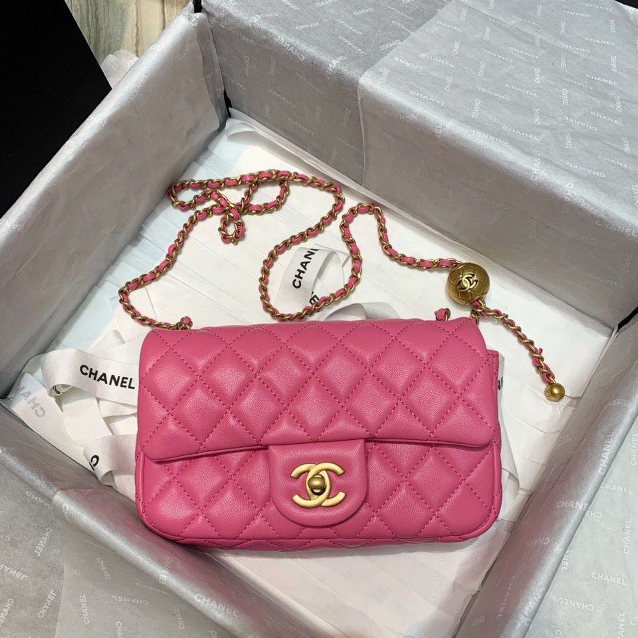 CHLFlap Bag With CHLBall On Strap PiNike For Women, Women’s Handbags, Shoulder And Crossbody Bags 7.8in/20cm AS1787