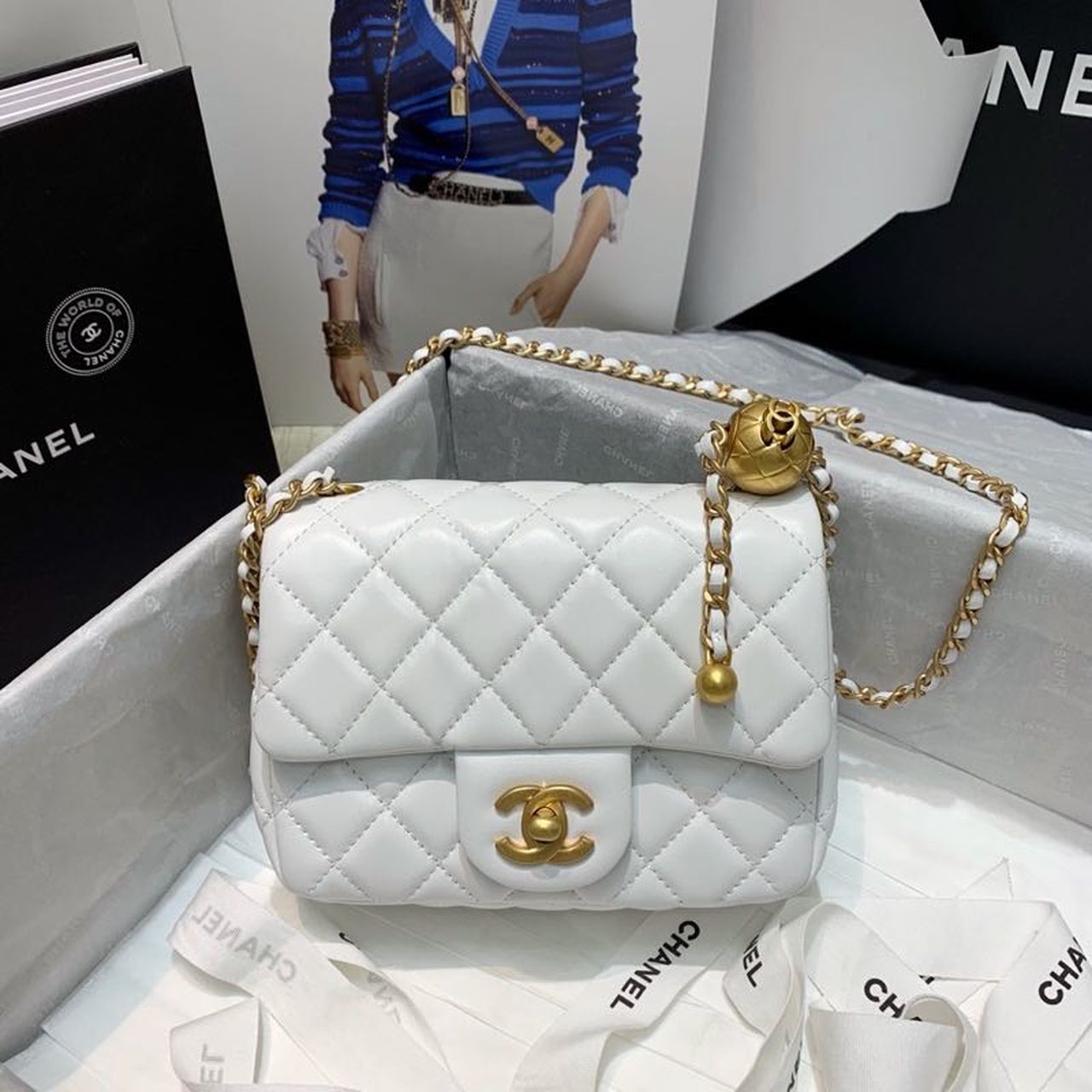 CHLMini Flap Bag With CHLBall On Strap White For Women, Women’s Handbags, Shoulder And Crossbody Bags 6.7in/17cm AS1786