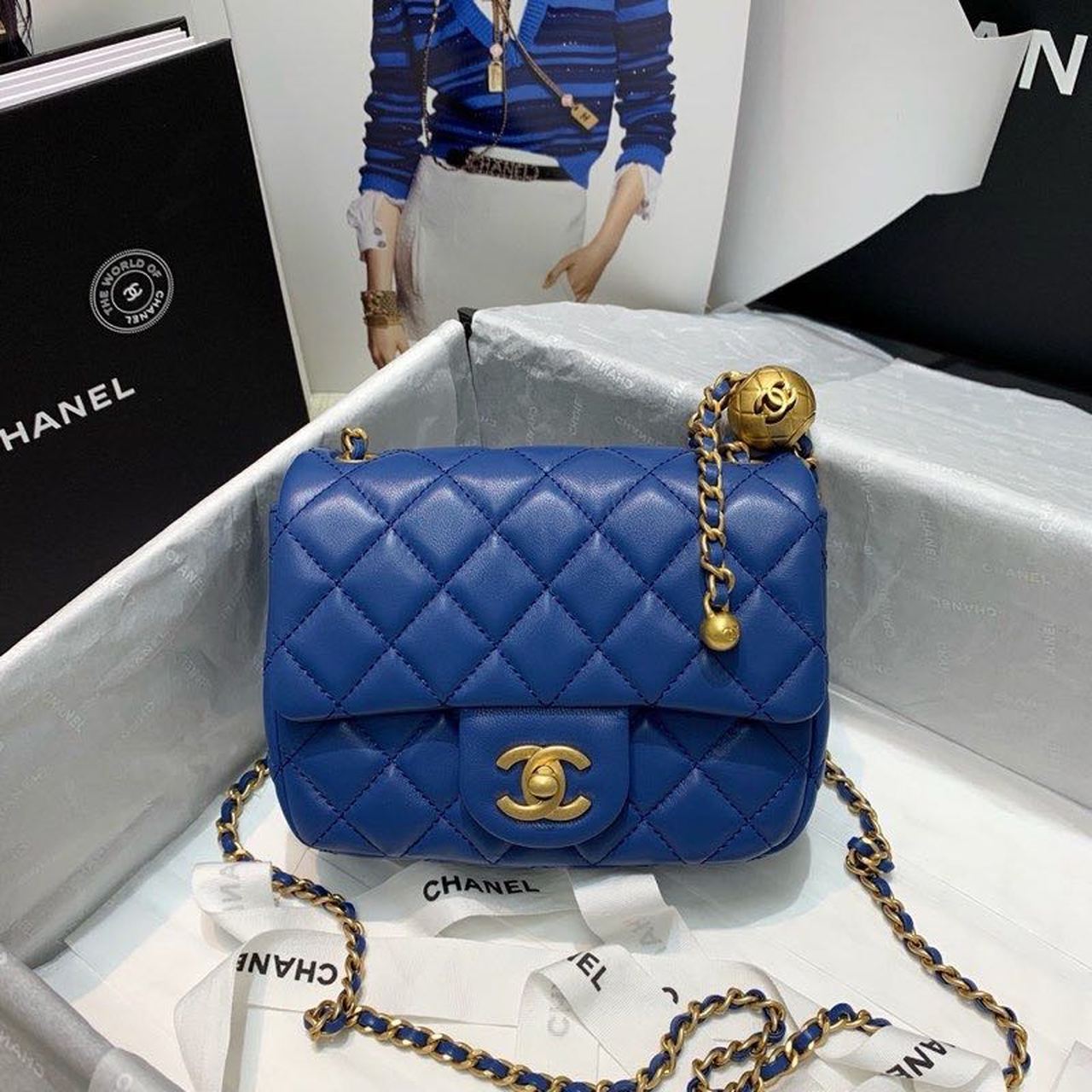 CHLMini Flap Bag With CHLBall On Strap Blue For Women, Women’s Handbags, Shoulder And Crossbody Bags 6.7in/17cm AS1786