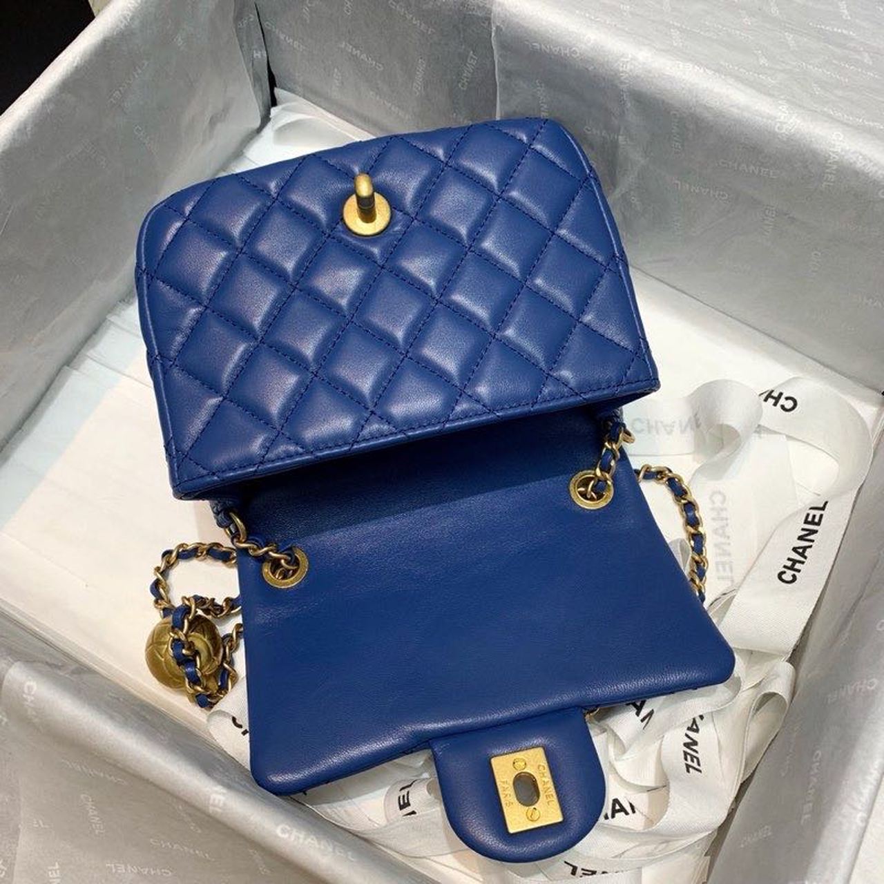 CHLMini Flap Bag With CHLBall On Strap Blue For Women, Women’s Handbags, Shoulder And Crossbody Bags 6.7in/17cm AS1786