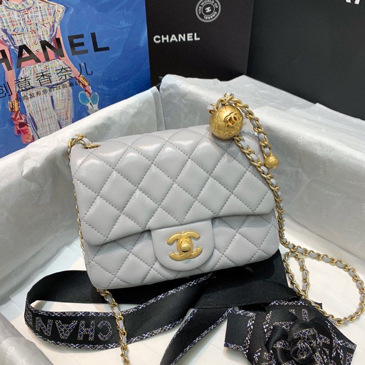 CHL Classic GlamIap With Charm Chain With CHL Details On Strap Bag 17cm/7inch Gold Hardware Grey