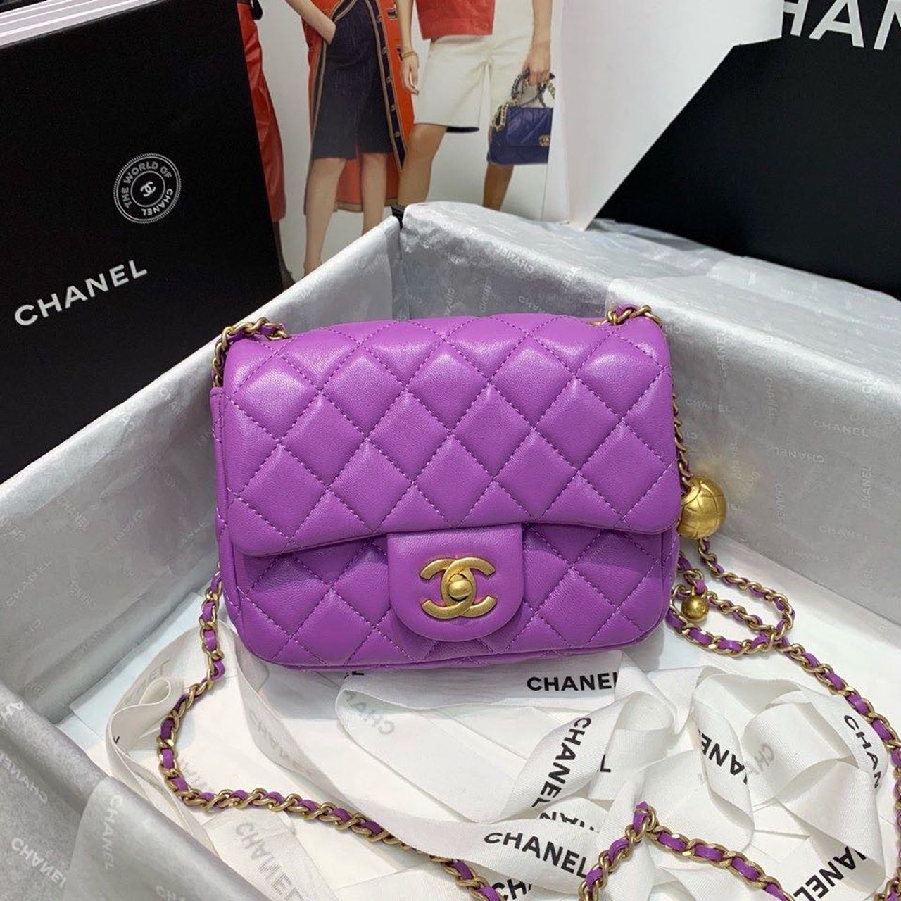 CHLMini Flap Bag With CHLBall On Strap Purple For Women, Women’s Handbags, Shoulder And Crossbody Bags 6.7in/17cm AS1786