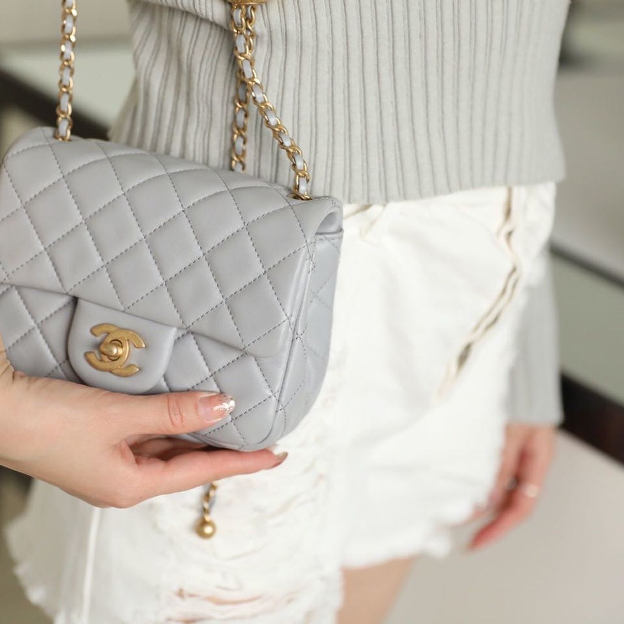 CHLMini Flap Bag With CHLBall On Strap Grey For Women, Women’s Handbags, Shoulder And Crossbody Bags 6.7in/17cm AS1786