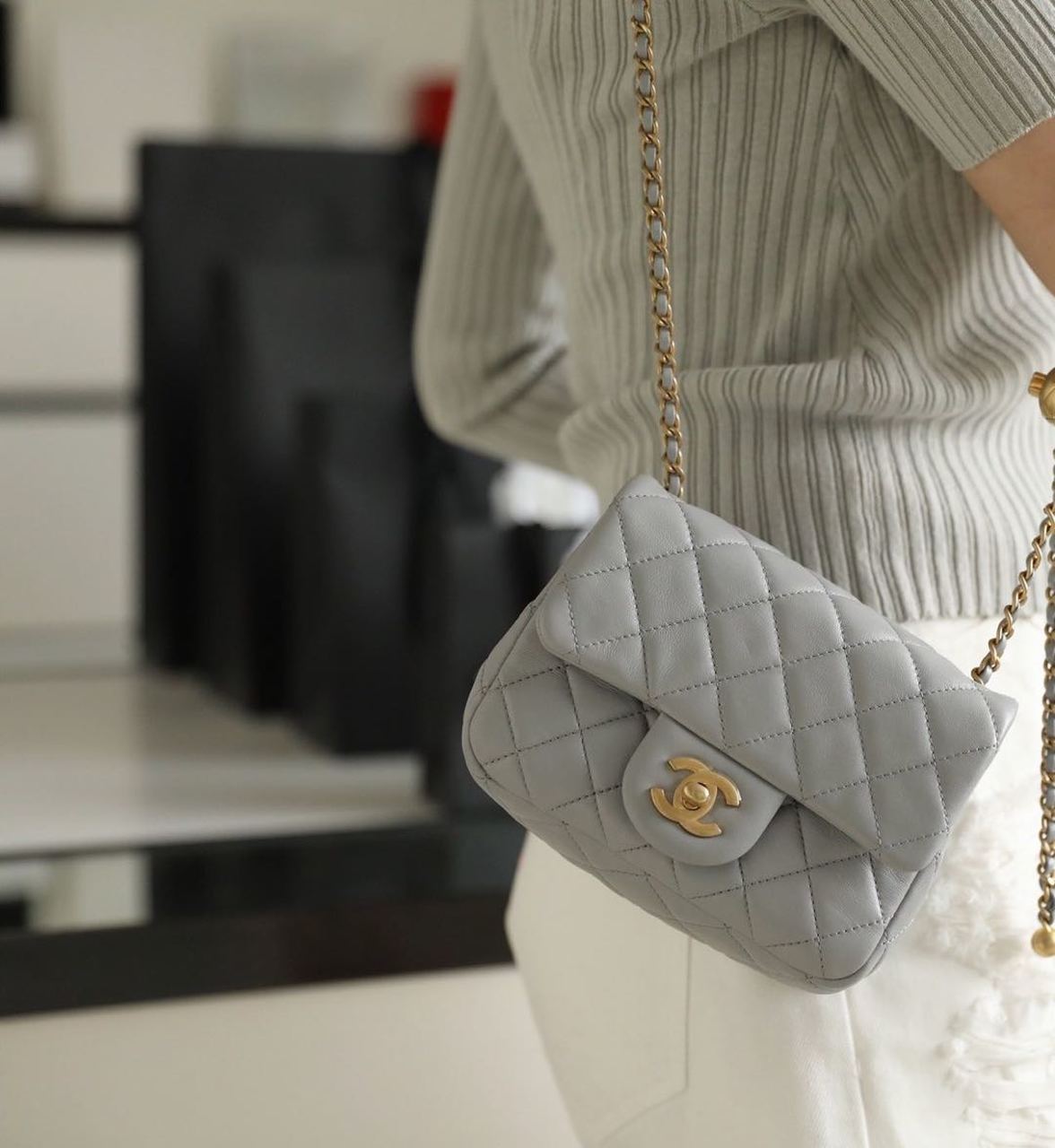 CHLMini Flap Bag With CHLBall On Strap Grey For Women, Women’s Handbags, Shoulder And Crossbody Bags 6.7in/17cm AS1786