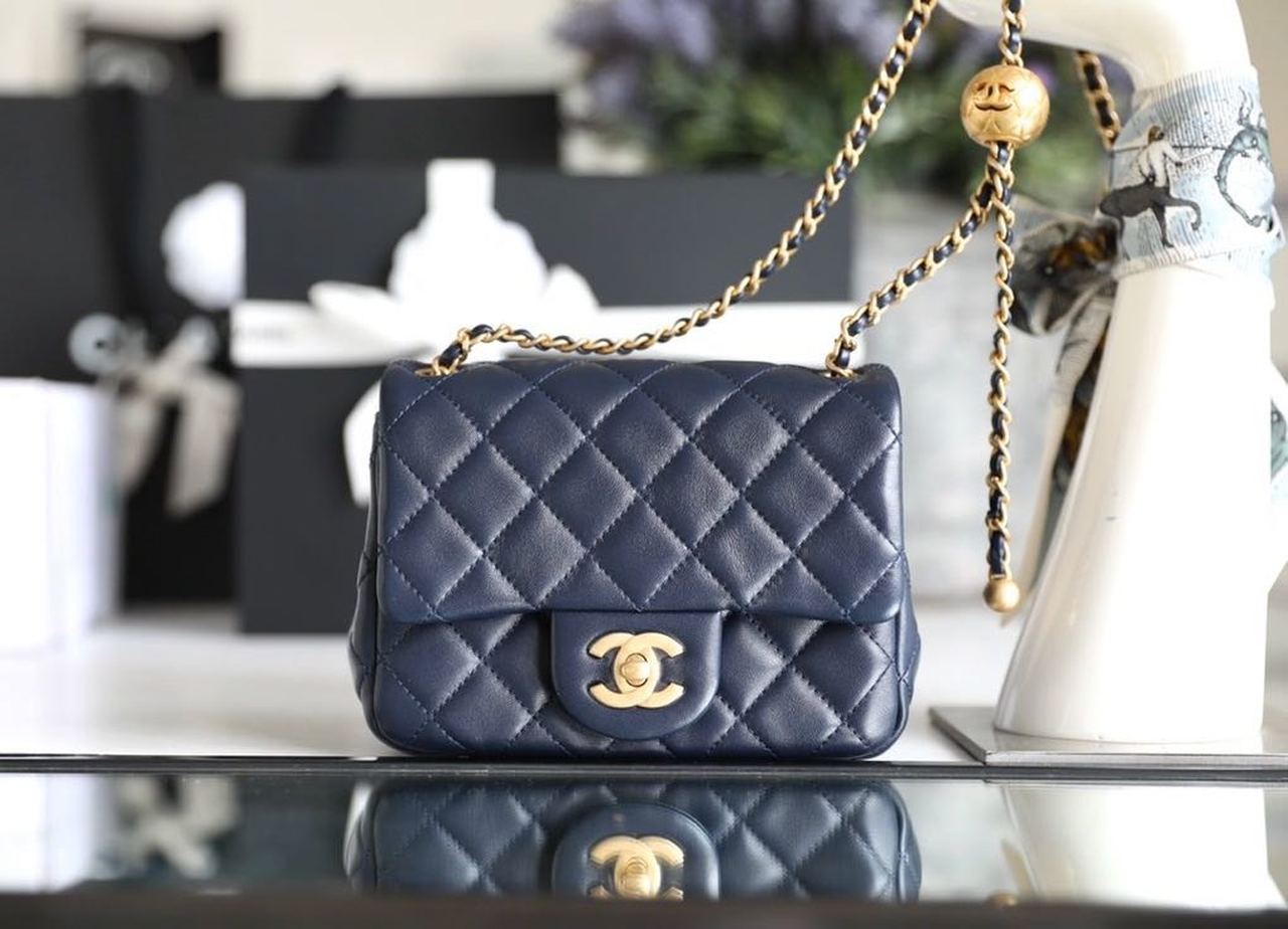 CHLMini Flap Bag With CHLBall On Strap Navy Blue For Women, Women’s Handbags, Shoulder And Crossbody Bags 6.7in/17cm AS1786
